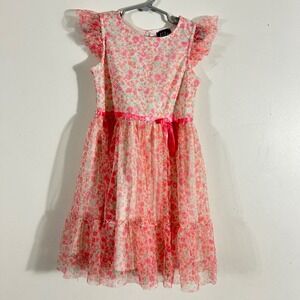 Lilt Floral Mesh Dress Kids Size 6 Pink Ruffle Sleeve Bow